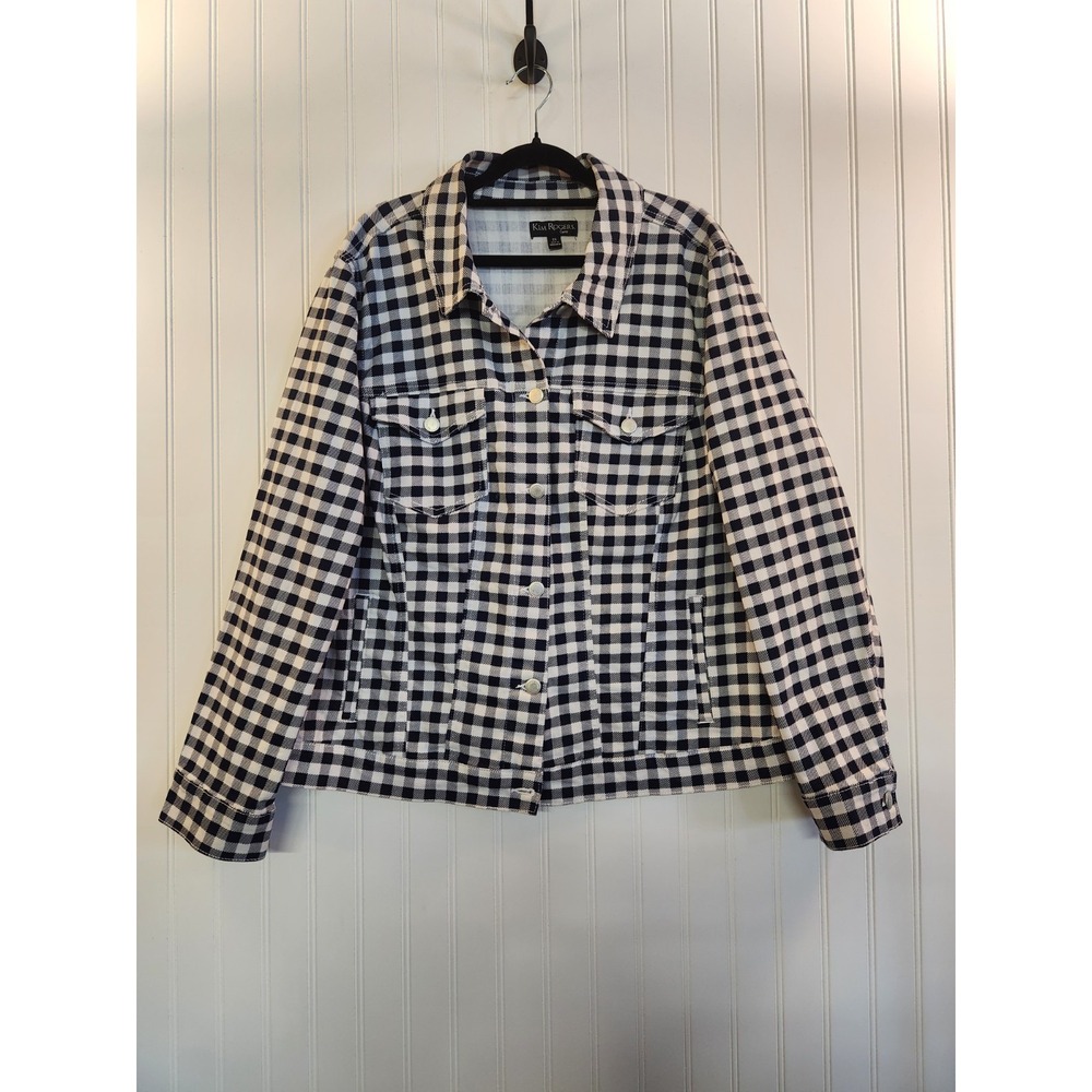 Kim Rogers Women's Navy Gingham Trucker Denim Jacket Size 2X Casual Classic